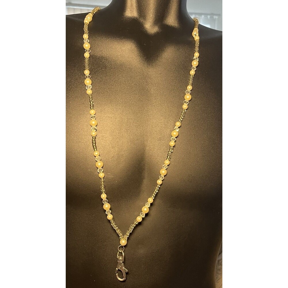 Beaded Lanyard ID Badge Holder Faux Pearl and Crystal-Like Beads Approx 32"